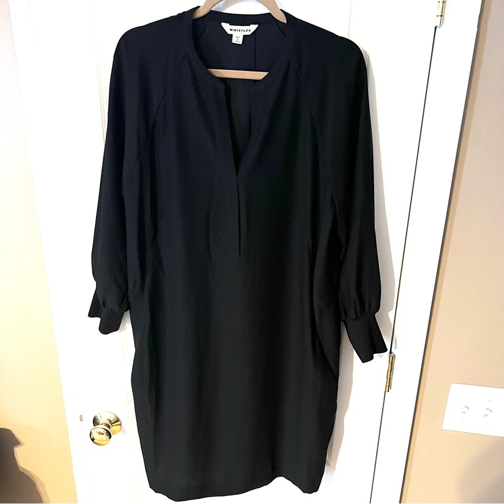 Whistles Zeta Ribbed Cuff Crepe Shift Dress Black Size 12 - Picture 3 of 15